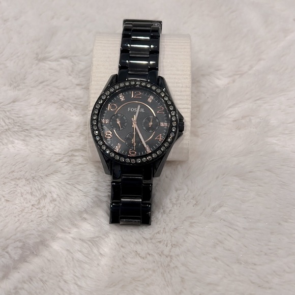 Fossil Riley Black Stainless Steel Watch with Rose Gold/Rhinestones Detailing - Picture 6 of 10